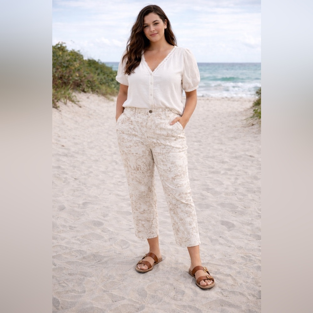 Vintage Bill Blass Toile Print Capri Pants Cream Brown Cottagecore Size 12